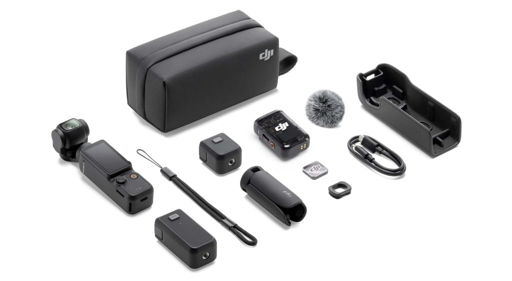 Аксессуары DJI Osmo Pocket 3 Creator Combo: камера, микрофон DJI Mic 2, аккумуляторная ручка, мини-штатив, чехол и кабель